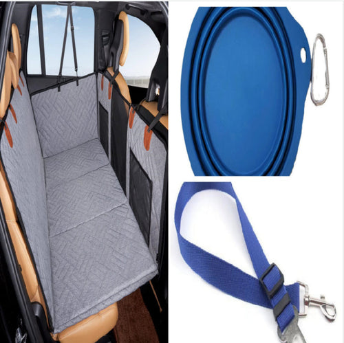 Waterproof dog car bed cushion placed on back seat providing comfort and protection during pet travel